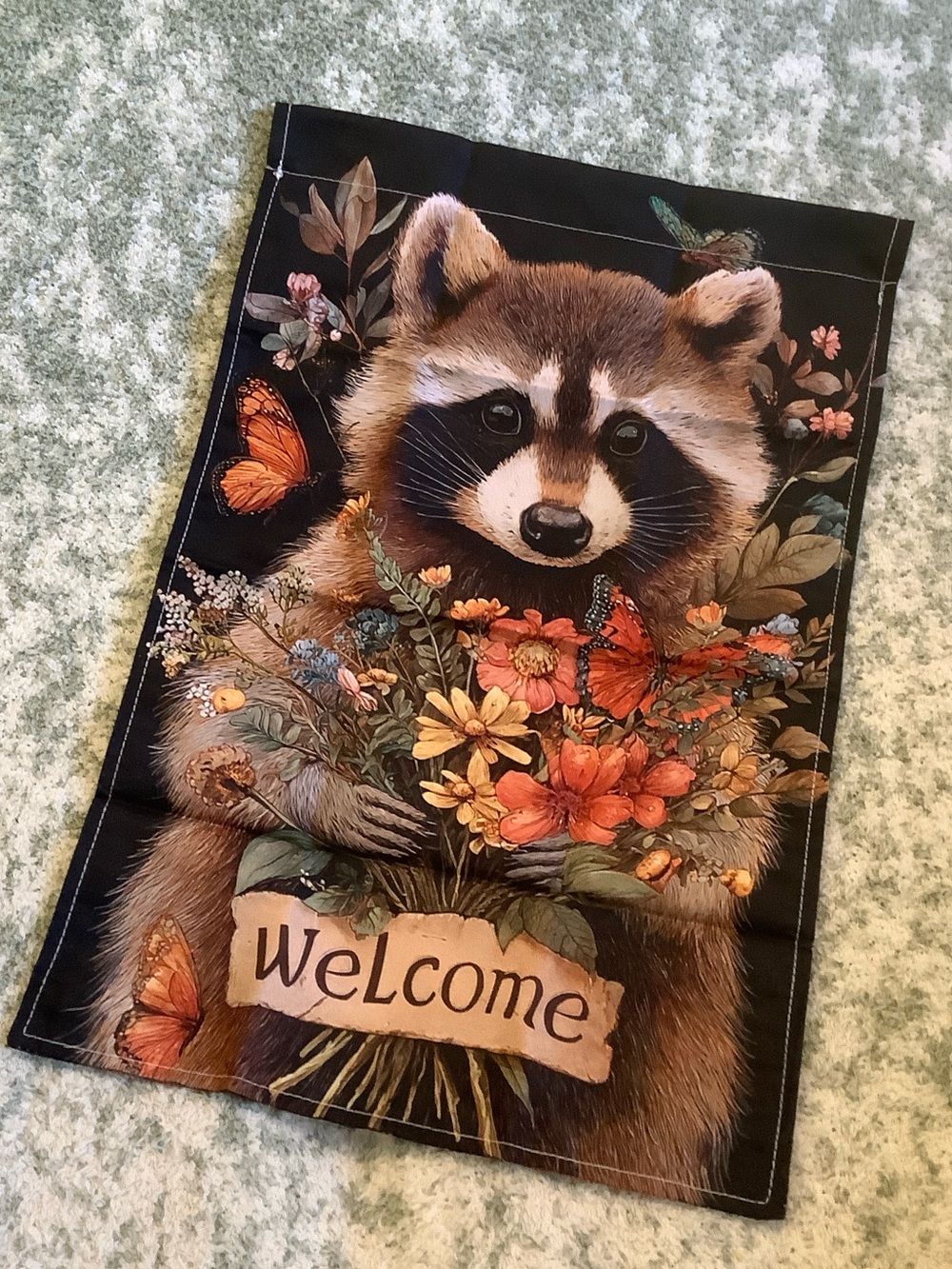 Welcome Raccoon Floral Small Fabric Garden Flag NWT 11.75” x 17.50”